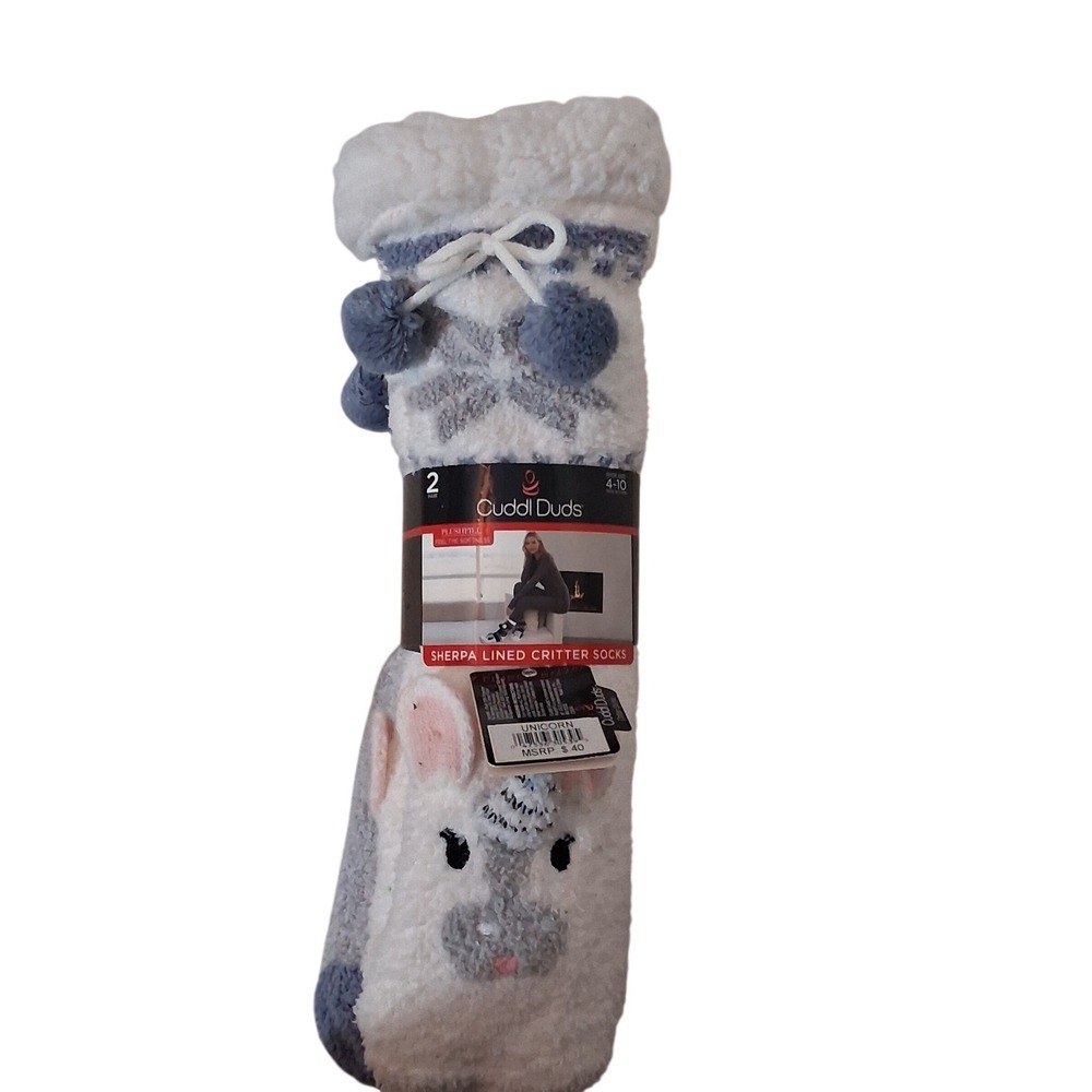 Cuddl Duds 2 Pair Sherpa Lined Critter Slipper Socks Unicorn Grey White CD551B